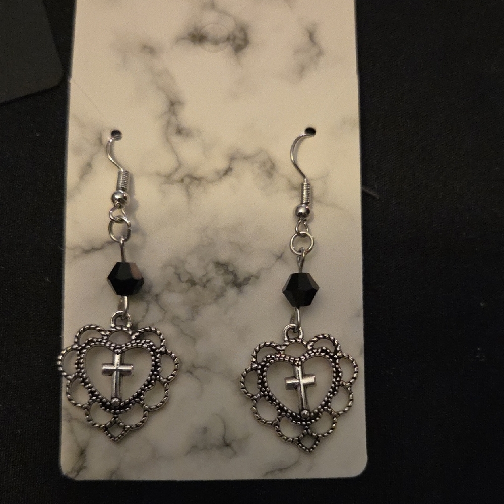 Silver Heart Dangle Earrings with Black Beads and Cross Inlay